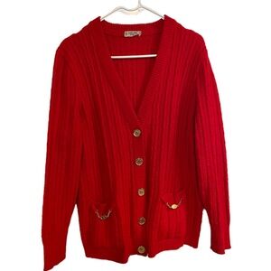 Celine Wool Red Cardigan with Pocket Chains, Size Medium
